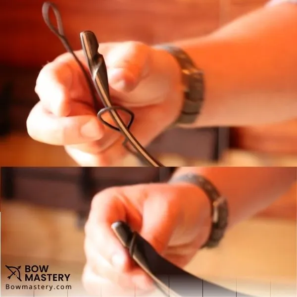 how to string a recurve bow - bigger loop in middle limb and smaller loop in bottom limb